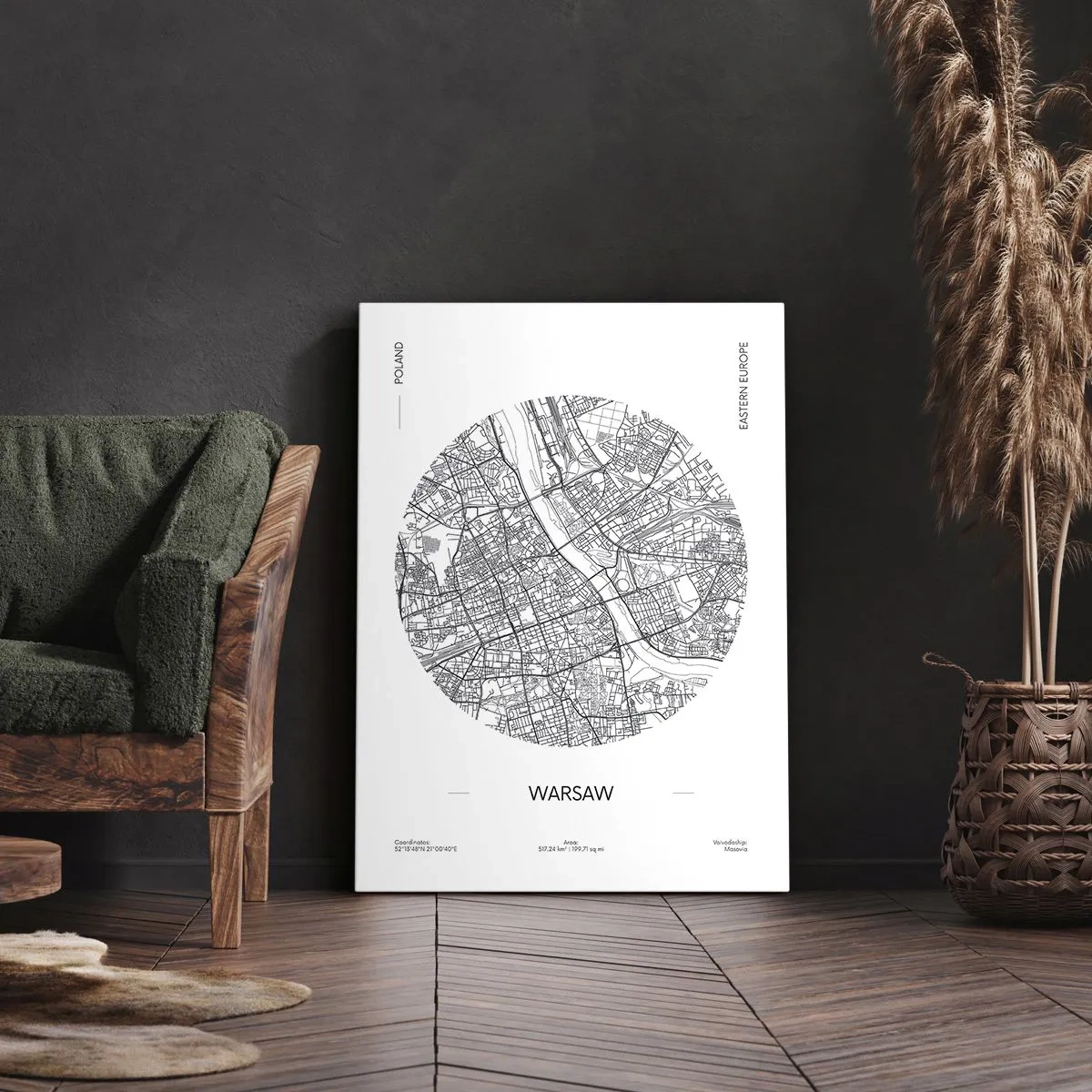 Impression sur toile - Image sur toile - Une carte de Varsovie dans un style minimaliste - 50x70cm - Anatomie de Varsovie - Décoration murale moderne pour le salon et la chambre ARTTOR