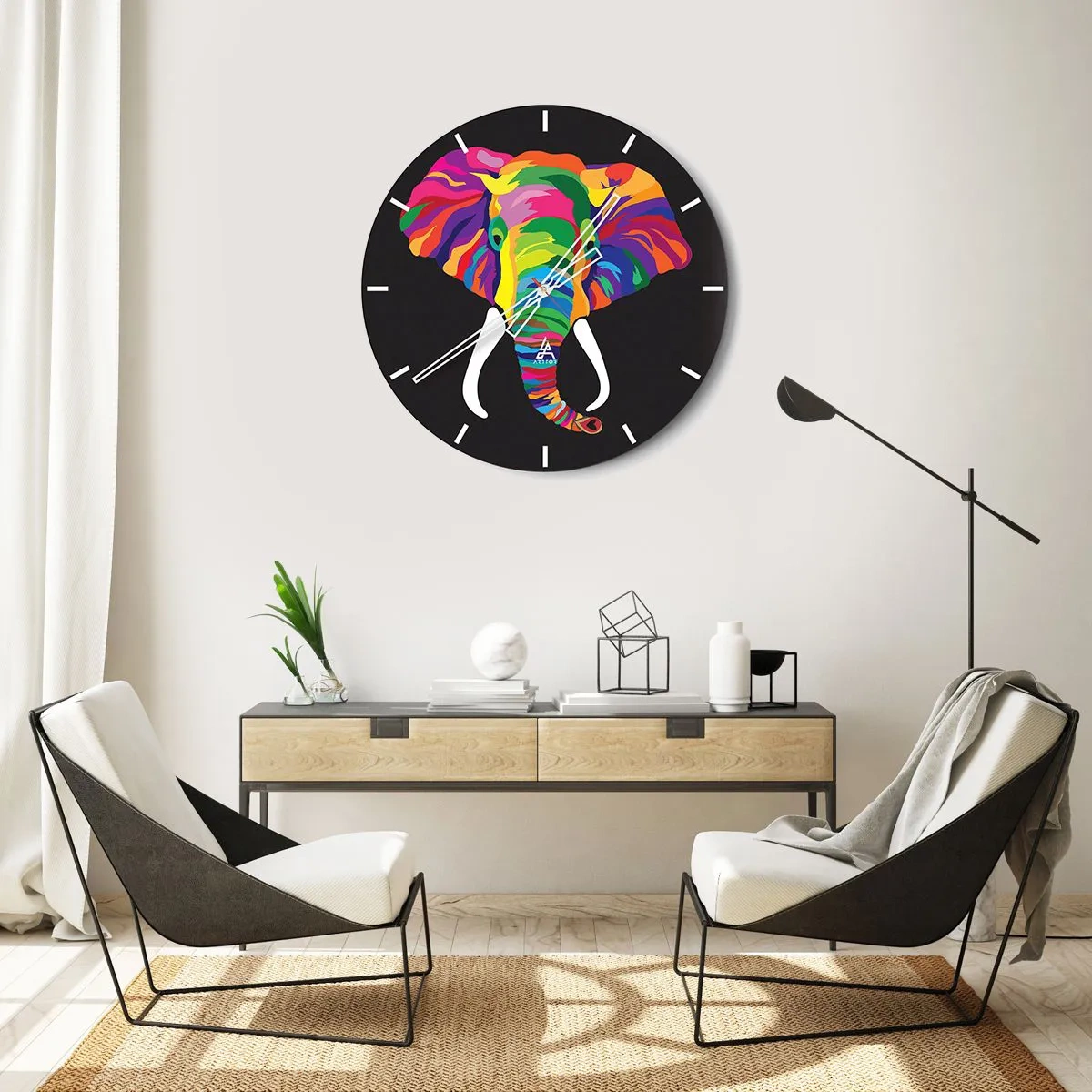 Horloge murale - Pendule murale - L'éléphant qui aimait se baigner dans un arc-en-ciel - 40x40 cm