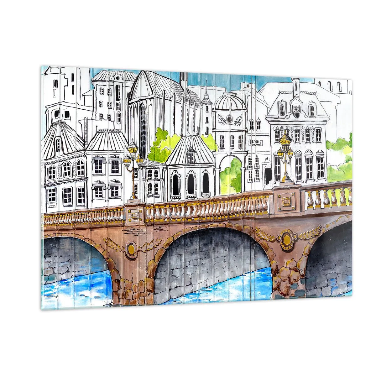 Impression sur verre - Image sur verre - Le pont et l'architecture urbaine sous forme d'esquisse à l'aquarelle - 120x80cm - Une ville comme peinte - Décoration murale moderne pour le salon et la chambre ARTTOR