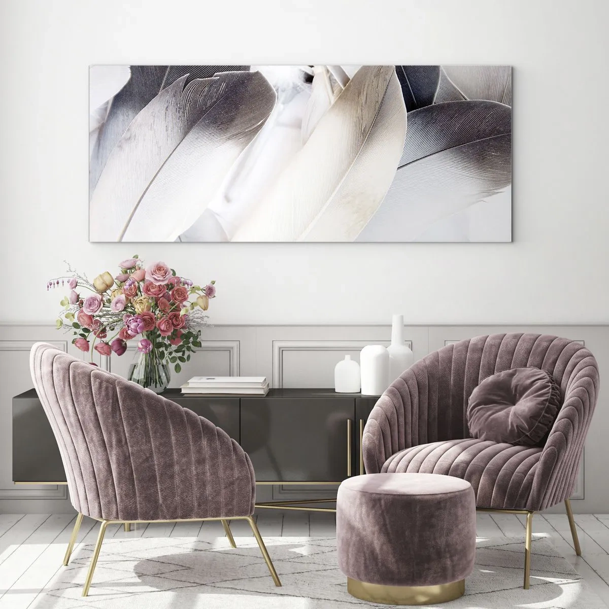 Impression sur verre - Image sur verre - Gros plan de plumes délicates dans des tons de blanc et de gris - 120x50cm - Presque angélique - Décoration murale moderne pour le salon et la chambre ARTTOR