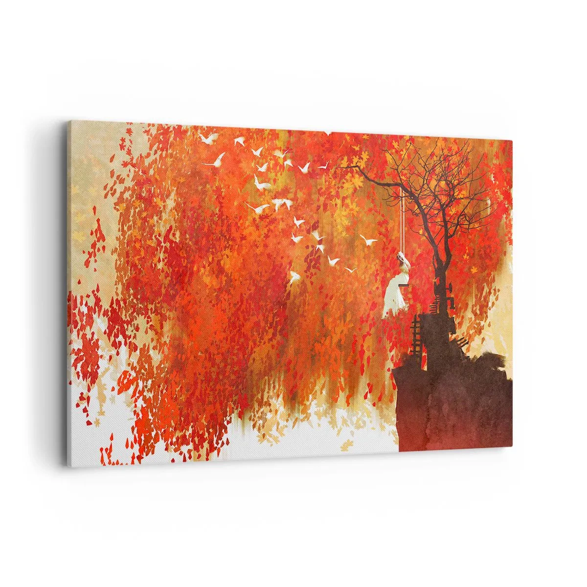 Impression sur toile - Image sur toile - Une silhouette sur une balançoire près d'un arbre entouré de feuilles rouges - 120x80cm - S'envolera-t-il avec eux ? - Décoration murale moderne pour le salon et la chambre ARTTOR