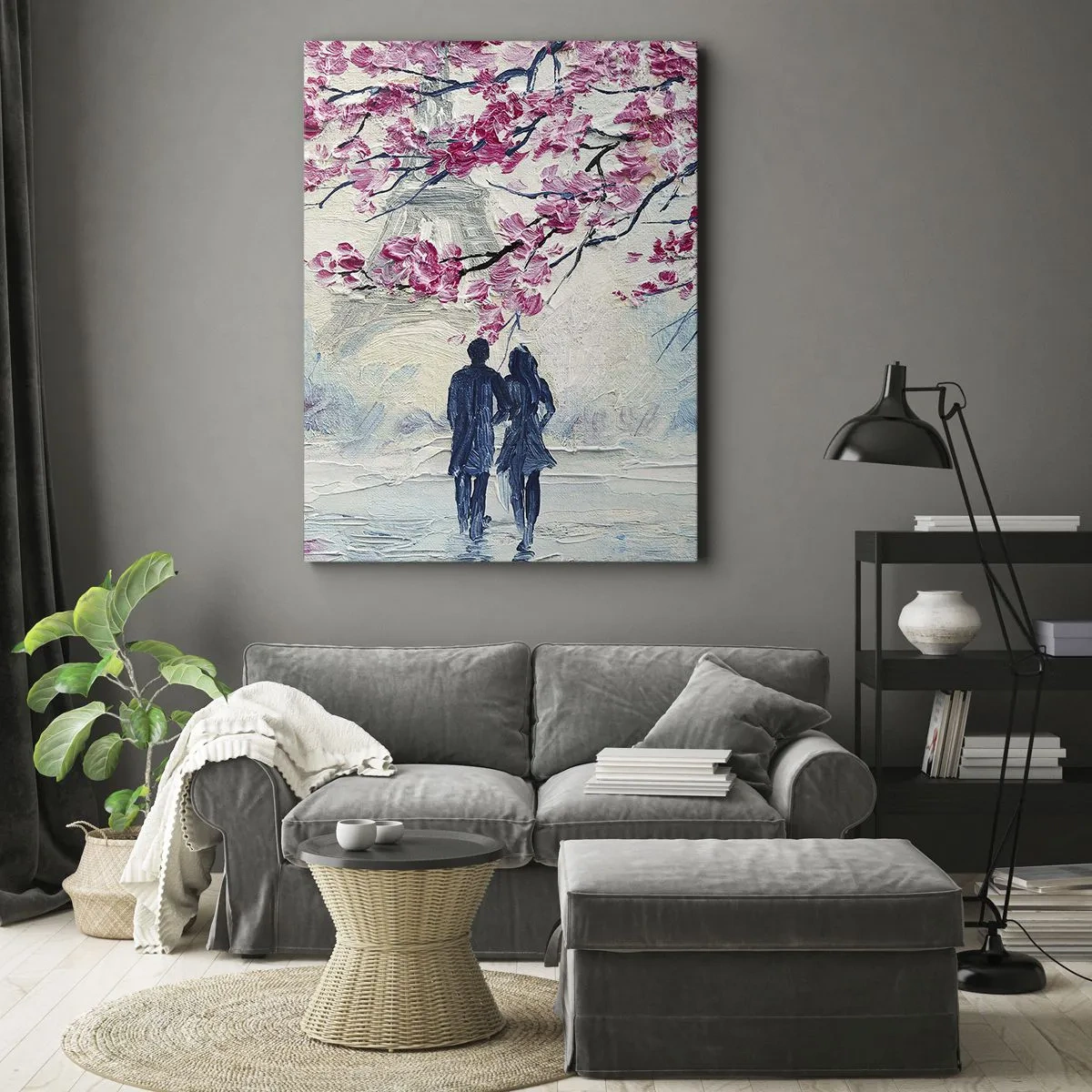 Impression sur toile - Image sur toile - Un couple sous des arbres roses en fleurs dans un cadre romantique - 70x100cm - Ballade romantique - Décoration murale moderne pour le salon et la chambre ARTTOR