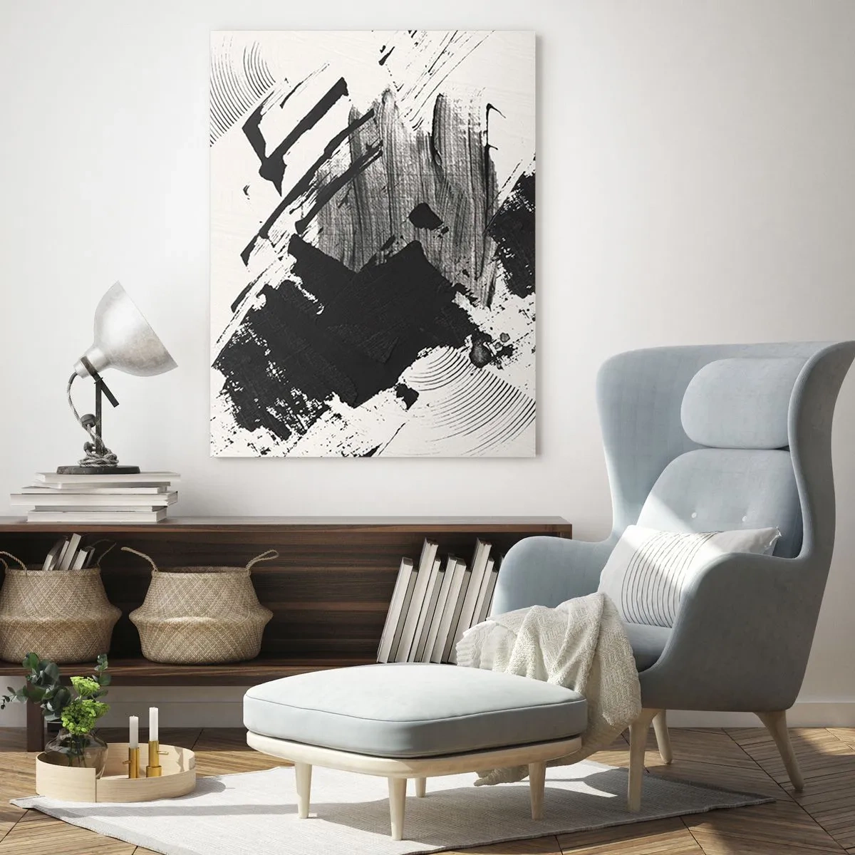 Impression sur verre - Image sur verre - Traits abstraits de noir sur fond blanc - 70x100cm - Abstraction – expression du noir - Décoration murale moderne pour le salon et la chambre ARTTOR