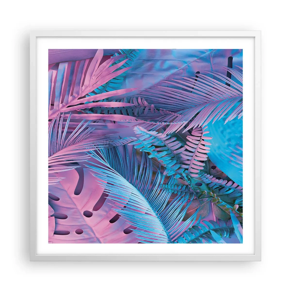 Affiche dans un cadre blanc - Poster - Les tropiques en rose et bleu - 60x60 cm