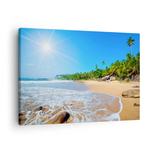 Impression sur toile - Image sur toile - Plage tropicale avec palmiers et ciel bleu - 70x50cm - Un endroit exotique pour vous - Décoration murale moderne pour le salon et la chambre ARTTOR