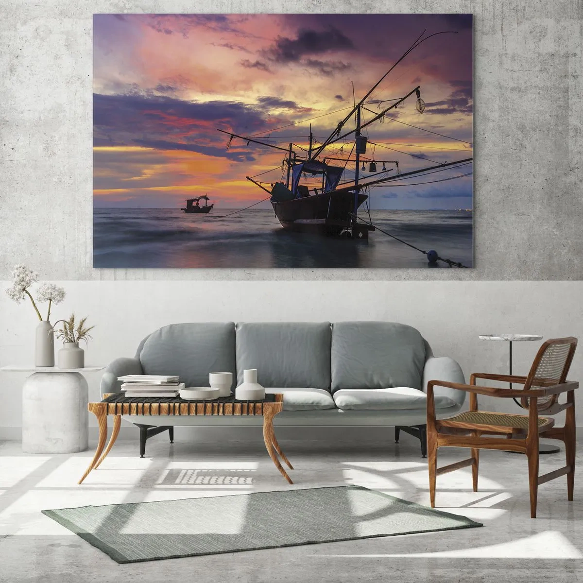 Impression sur verre - Image sur verre - Bateaux de pêche en mer au coucher du soleil - 70x50cm - Soirée exotique - Décoration murale moderne pour le salon et la chambre ARTTOR