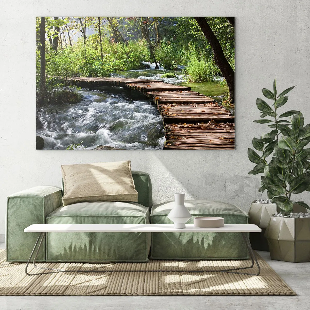 Impression sur verre - Image sur verre - Un pont en bois sur un ruisseau tumultueux - 120x80cm - Au-dessus de la cascade mousseuse - Décoration murale moderne pour le salon et la chambre ARTTOR