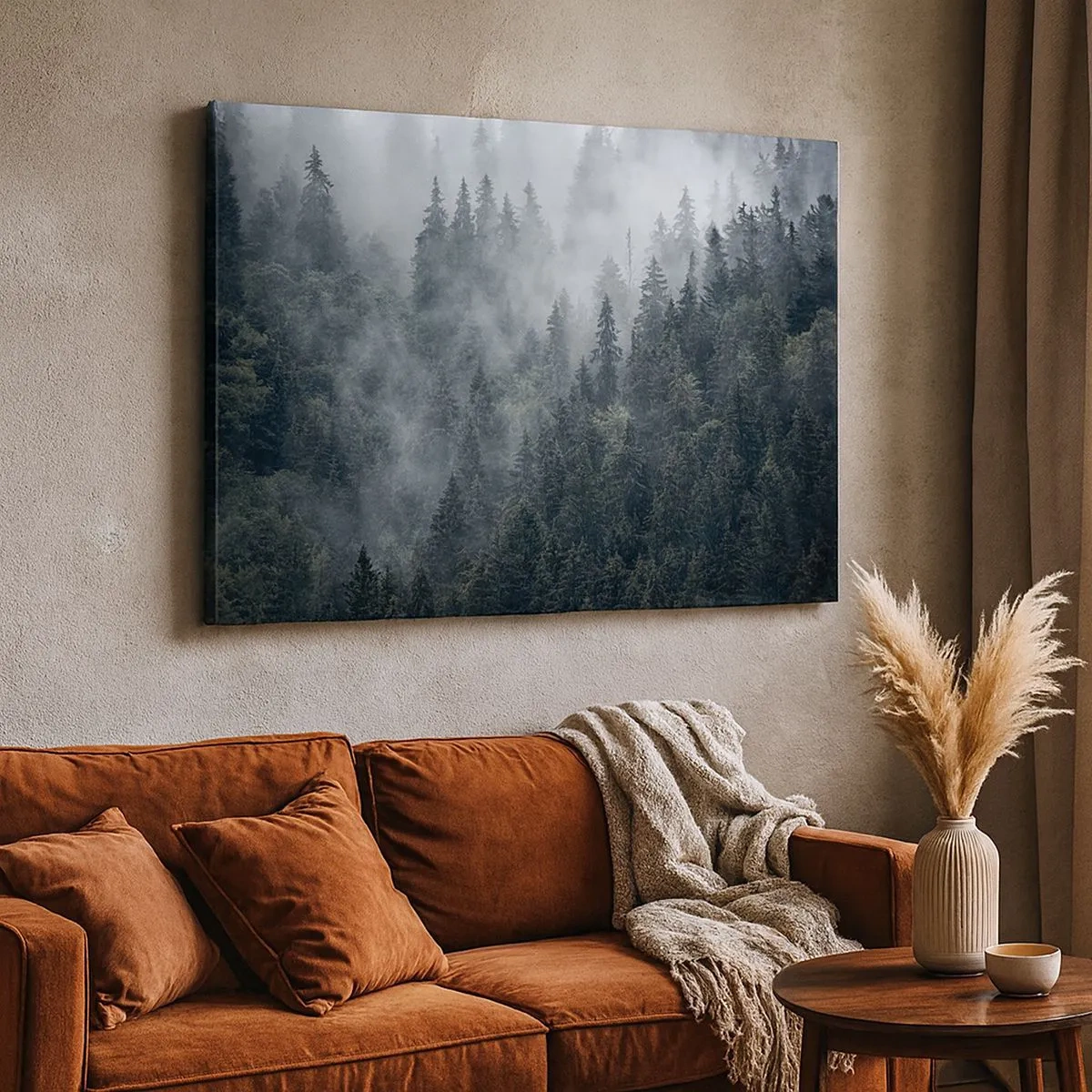 Impression sur toile - Image sur toile - Forêt de conifères brumeuse aux tons gris et verts - 70x50cm - Aube de la forêt - Décoration murale moderne pour le salon et la chambre ARTTOR