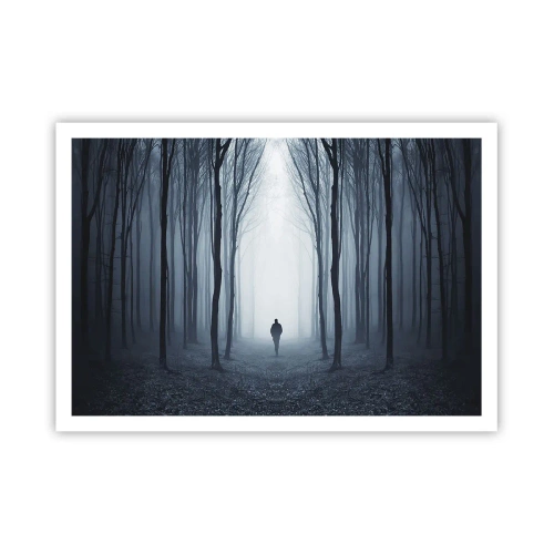 Affiche - Poster - Une silhouette marchant parmi les arbres dans une forêt brumeuse - 100x70cm - Tout est simple et clair - Décoration murale moderne pour le salon et la chambre ARTTOR