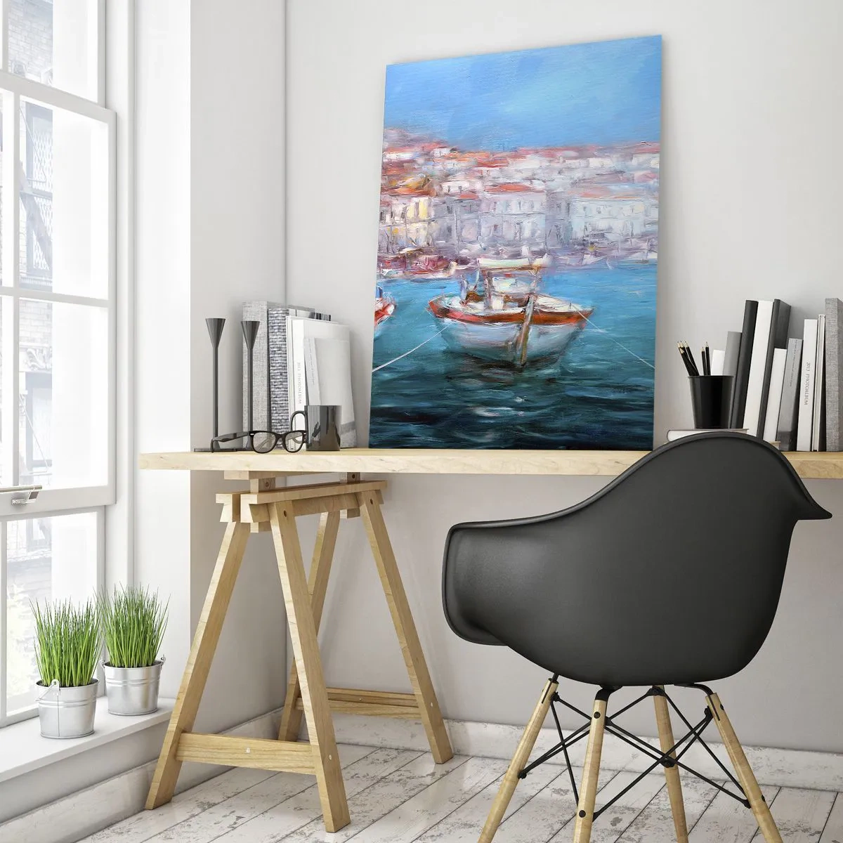 Impression sur verre - Image sur verre - Bateaux dans une baie italienne pittoresque - 80x120cm - Baie italienne - Décoration murale moderne pour le salon et la chambre ARTTOR