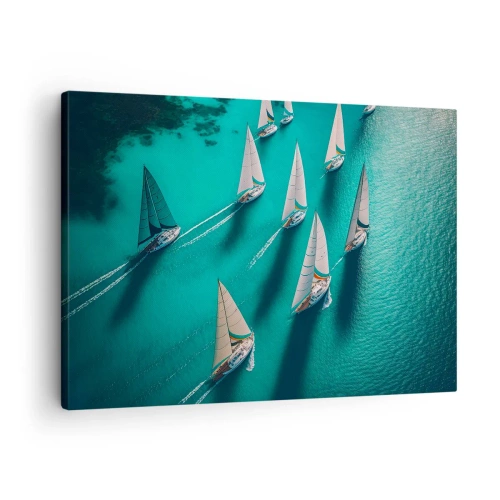 Impression sur toile - Image sur toile - Yachts sur l'eau turquoise en mouvement dynamique - 70x50cm - Dans une compétition avec le vent - Décoration murale moderne pour le salon et la chambre ARTTOR