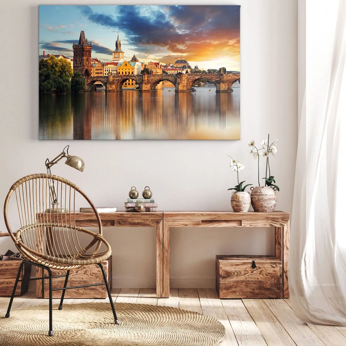 Impression sur toile - Image sur toile - Le pont historique sur la rivière à la lumière du soleil couchant - 100x70cm - Belle depuis des lustres - Décoration murale moderne pour le salon et la chambre ARTTOR