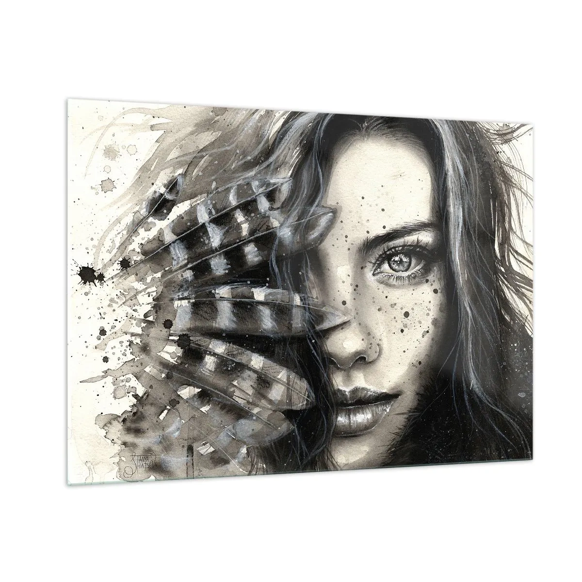 Impression sur verre - Image sur verre - Portrait d'une femme avec des plumes et des détails abstraits - 100x70cm - Beauté sauvage - Décoration murale moderne pour le salon et la chambre ARTTOR
