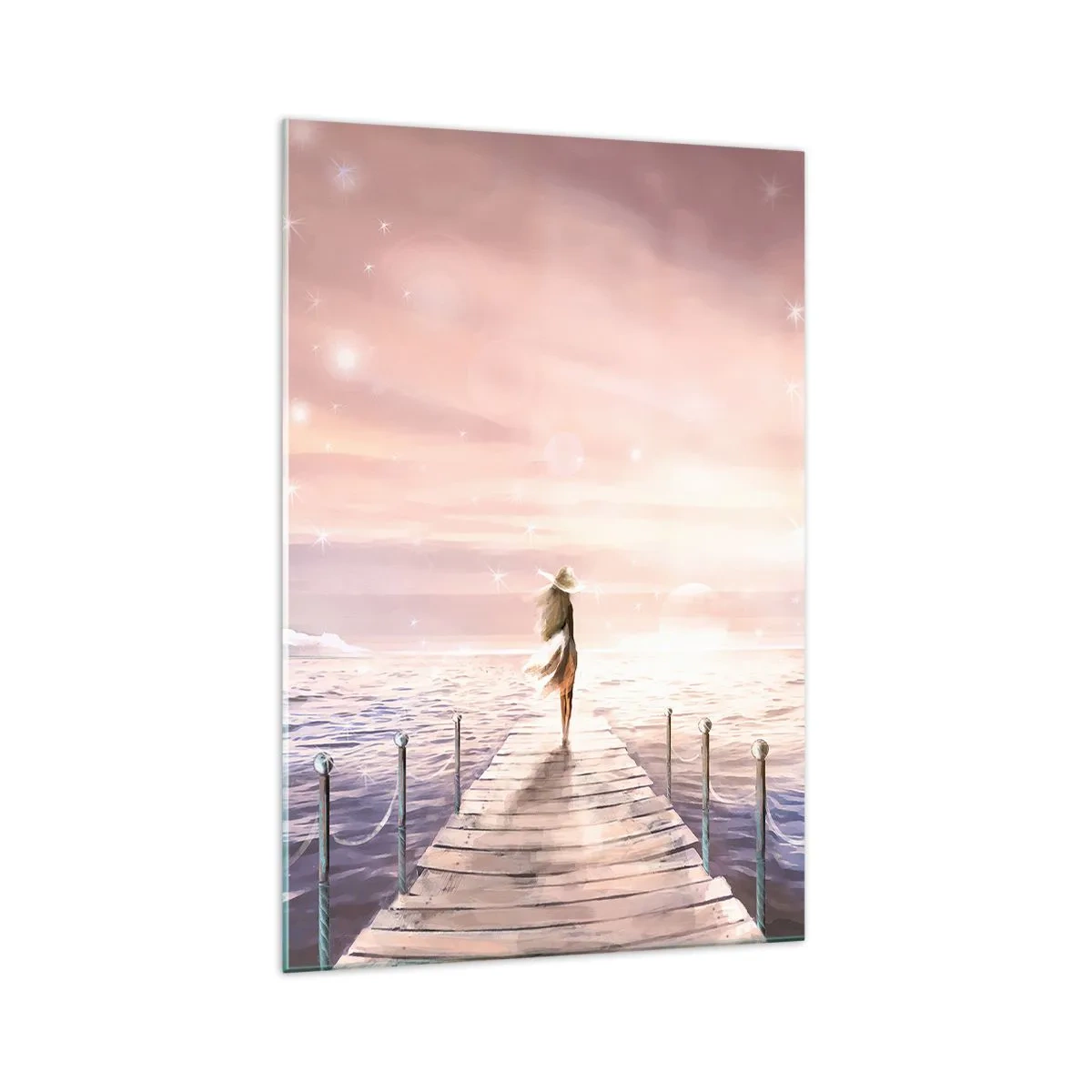 Impression sur verre - Image sur verre - Une femme sur une jetée dans un décor de coucher de soleil magique - 70x100cm - A la lumière d'un rêve - Décoration murale moderne pour le salon et la chambre ARTTOR