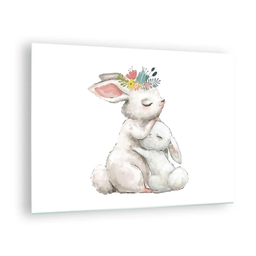 Impression sur verre - Image sur verre - Deux lapins câlins aux couleurs pastel - 70x50cm - Maman irremplaçable - Décoration murale moderne pour le salon et la chambre ARTTOR