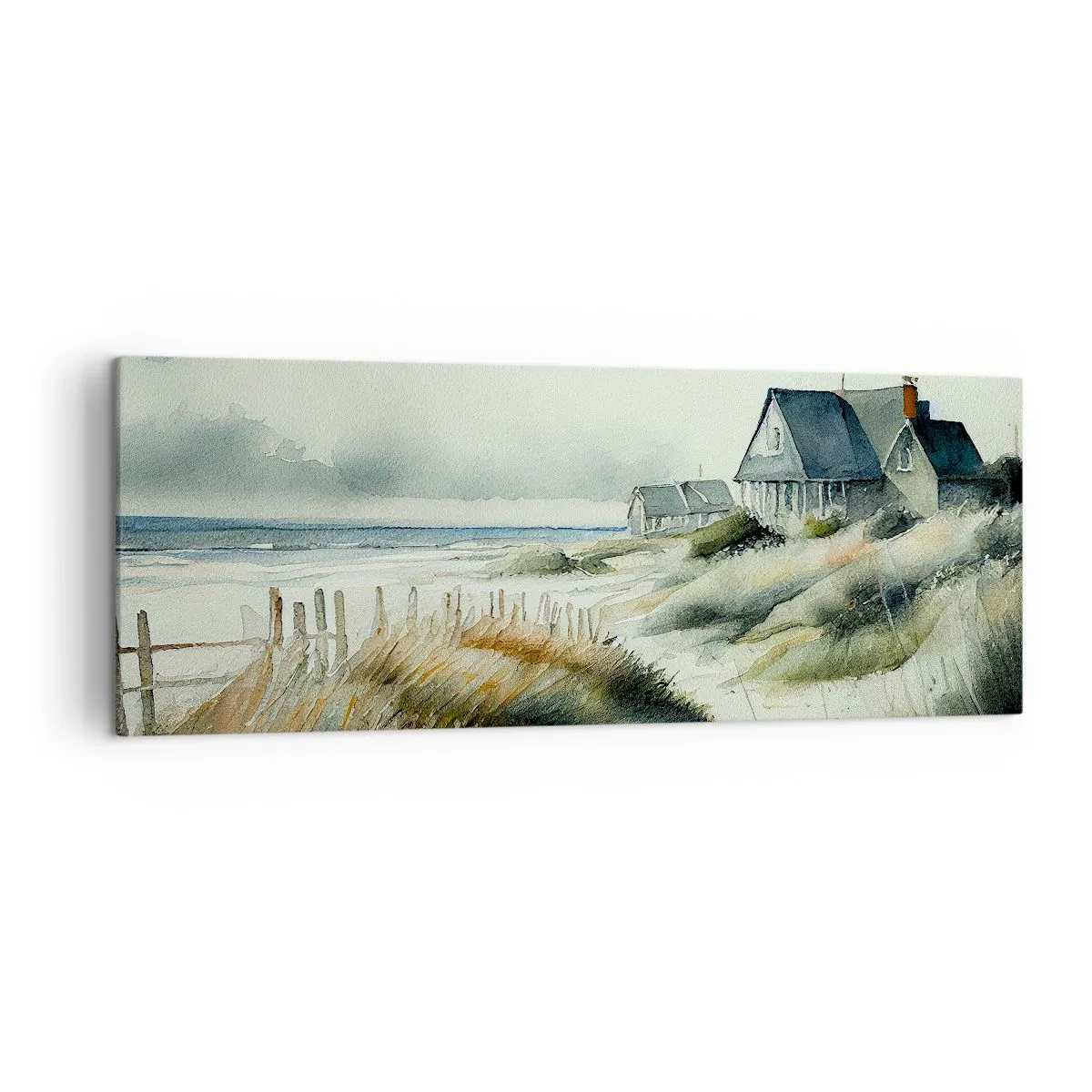 Impression sur toile - Image sur toile - Une maison de bord de mer entourée d'herbe et surplombant la mer - 140x50cm - Loin de l'agitation - Décoration murale moderne pour le salon et la chambre ARTTOR