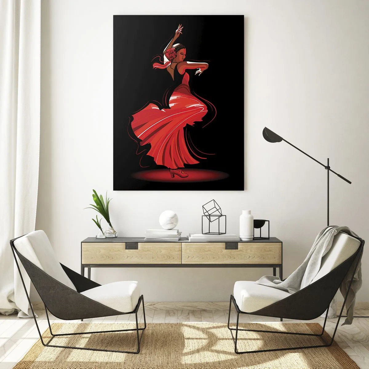 Impression sur verre - Image sur verre - Danseuse de flamenco en robe rouge sur fond noir - 70x100cm - L'esprit fougueux du flamenco - Décoration murale moderne pour le salon et la chambre ARTTOR