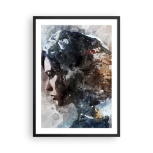 Affiche dans un cadre noir - Poster - Silhouette d'une femme avec un paysage à l'aquarelle en arrière-plan - 50x70cm - L'histoire d'une fille avec une ville en arrière-plan - Décoration murale moderne pour le salon et la chambre ARTTOR