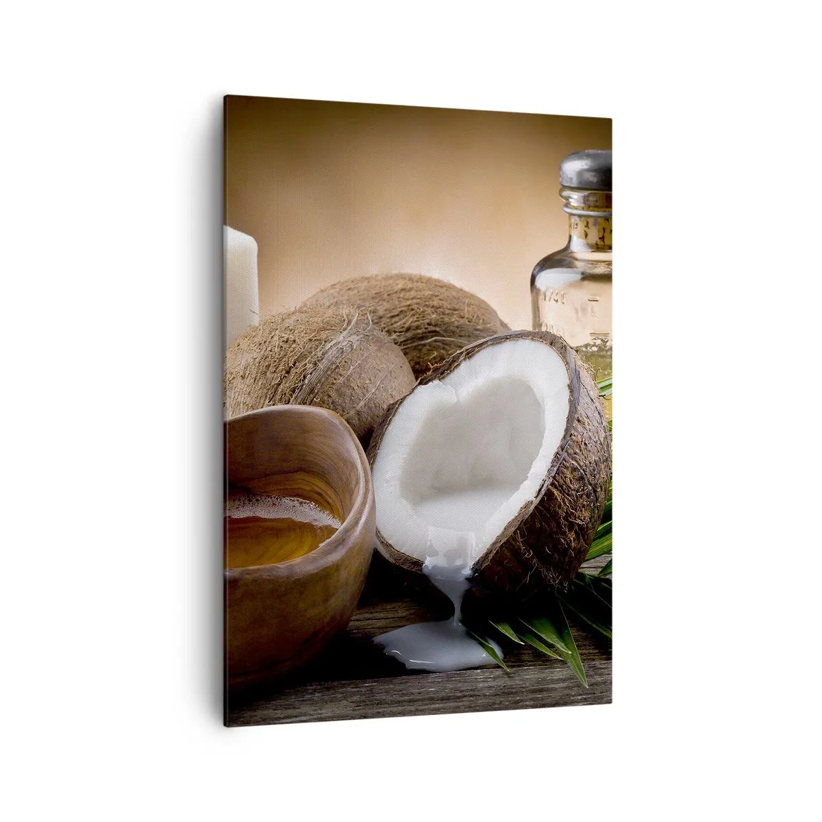 Impression sur toile - Image sur toile - Noix de coco, bougie et huile sur fond de bois - 70x100cm - Santé des îles tropicales - Décoration murale moderne pour le salon et la chambre ARTTOR