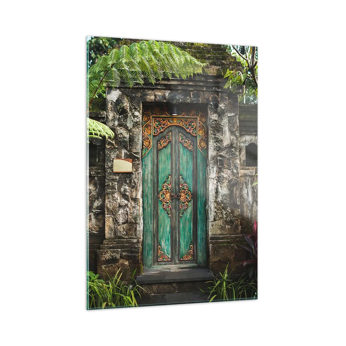 Impression sur verre - Image sur verre - Porte turquoise ornée dans un mur de pierre entouré de végétation tropicale - 50x70cm - Porte vers un monde exotique - Décoration murale moderne pour le salon et la chambre ARTTOR