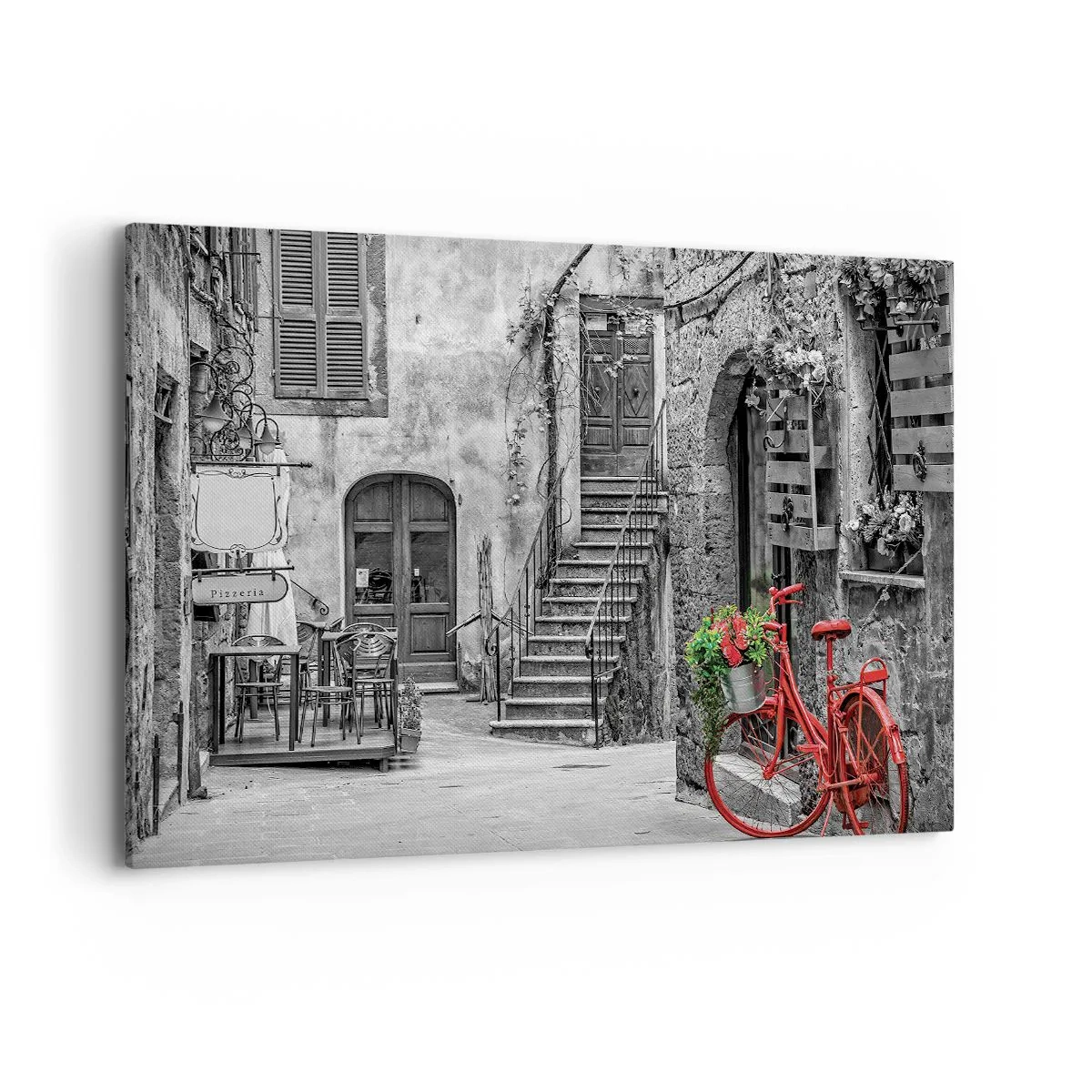 Impression sur toile - Image sur toile - Un vélo rouge dans une rue en noir et blanc - 120x80cm - Ruelle toscane - Décoration murale moderne pour le salon et la chambre ARTTOR