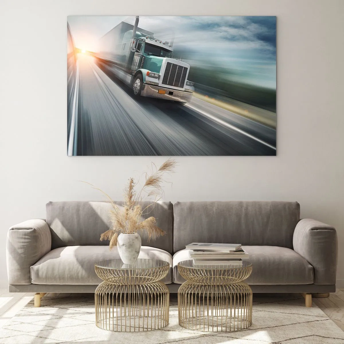 Impression sur verre - Image sur verre - Camion sur l'autoroute au coucher du soleil - 120x80cm - Le géant américain est en fuite - Décoration murale moderne pour le salon et la chambre ARTTOR