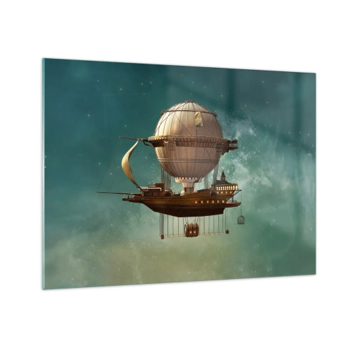 Impression sur verre - Image sur verre - Un dirigeable volant avec une maison de style rétro dans le ciel - 70x50cm - Jules Verne vous salue - Décoration murale moderne pour le salon et la chambre ARTTOR