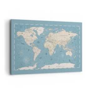 Impression sur toile - Image sur toile - Carte du monde décorative dans les tons bleu et beige - 120x80cm - Le monde à porter de main - Décoration murale moderne pour le salon et la chambre ARTTOR