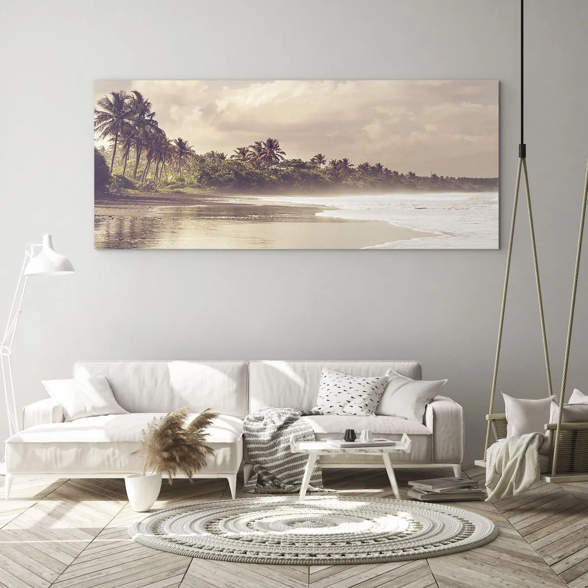 Impression sur verre - Image sur verre - Une plage avec des palmiers et des vagues douces le matin - 140x50cm - La caresse des vagues - Décoration murale moderne pour le salon et la chambre ARTTOR