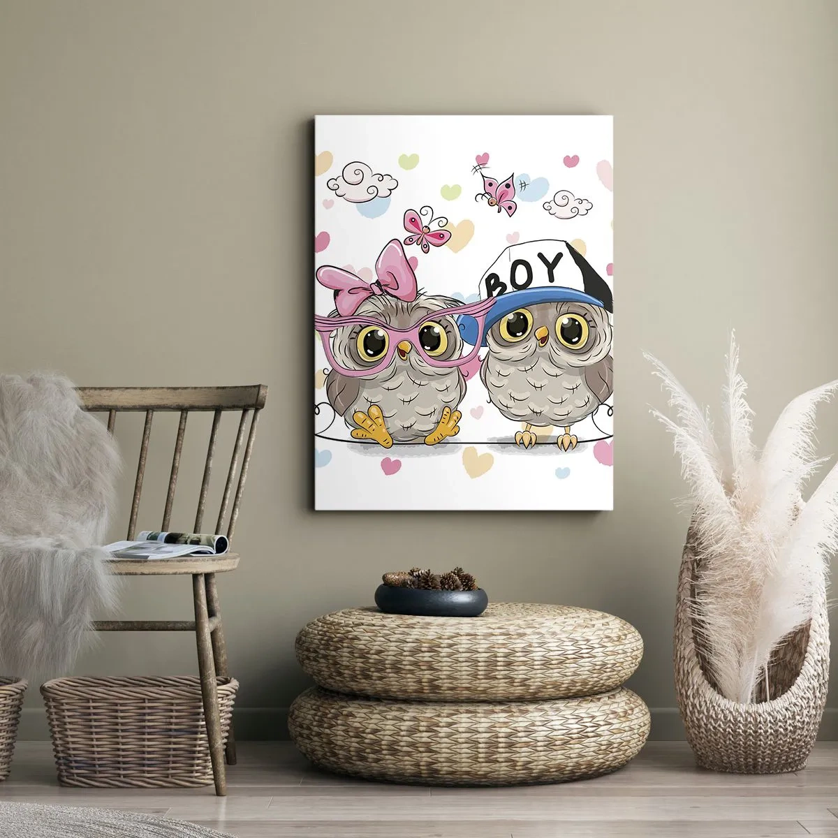 Impression sur toile - Image sur toile - Deux adorables hiboux entourés de cœurs - 50x70cm - On s'aime! - Décoration murale moderne pour le salon et la chambre ARTTOR