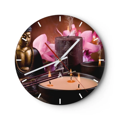 Horloge murale - Pendule murale - Un ensemble de bougies, d'encens et une sculpture de Bouddha avec des fleurs roses - 30x30cm - Vider l'esprit, calmer le corps - Décoration murale moderne pour le salon, la cuisine et la chambre ARTTOR