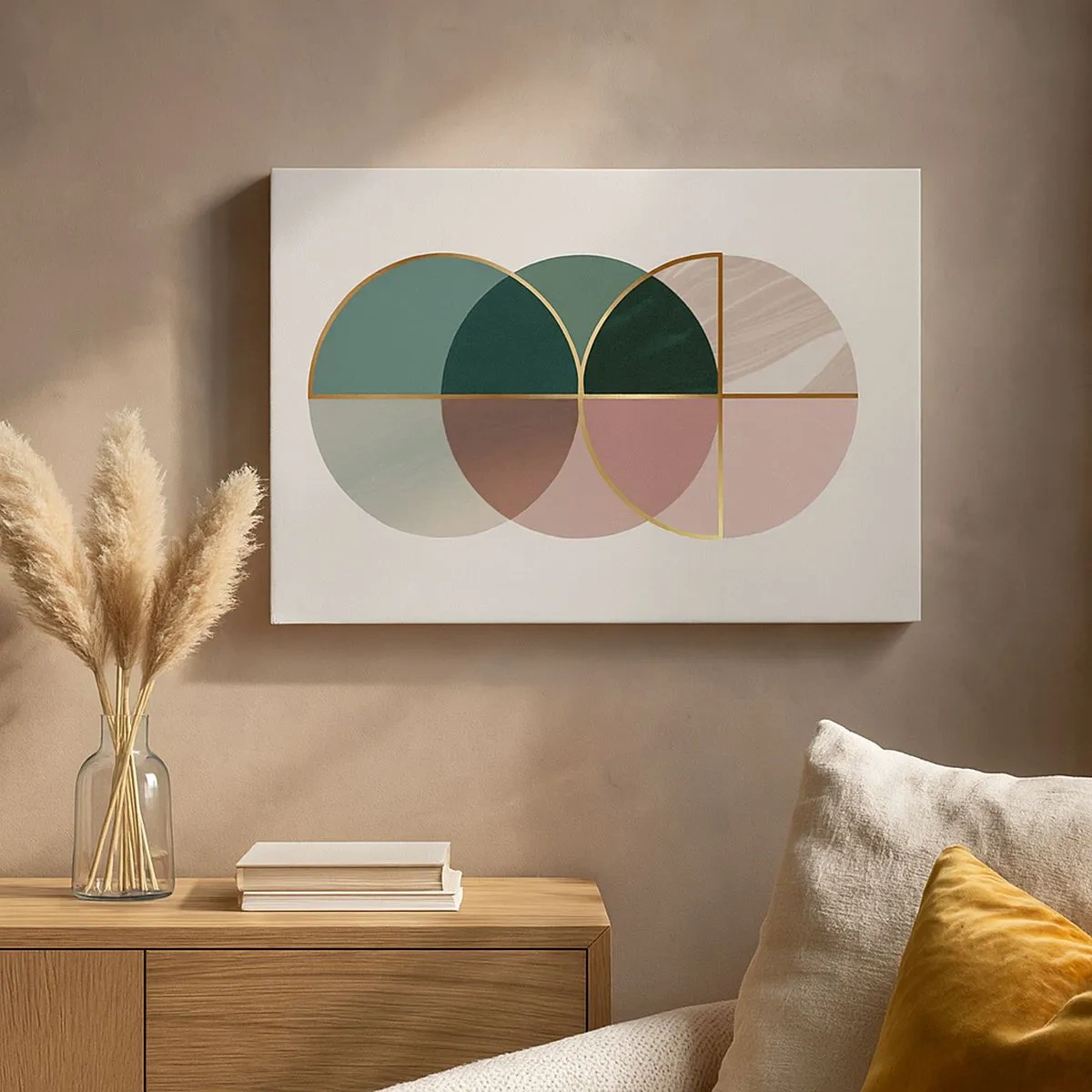 Impression sur toile - Image sur toile - Une composition abstraite de formes géométriques et de lignes dorées. - 70x50cm - Cercles après cercles - Décoration murale moderne pour le salon et la chambre ARTTOR