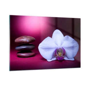 Impression sur verre - Image sur verre - Orchidée blanche et pierres sur fond de lumière violette - 120x80cm - Une étude de fraîcheur en violet - Décoration murale moderne pour le salon et la chambre ARTTOR