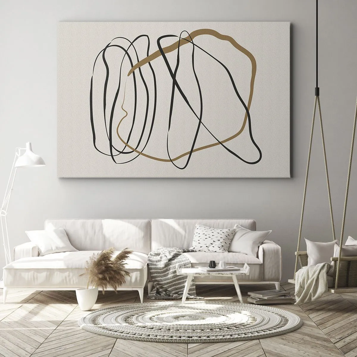 Impression sur toile - Image sur toile - Lignes artistiques en noir et or sur fond clair - 70x50cm - Composition – danse en boucle - Décoration murale moderne pour le salon et la chambre ARTTOR