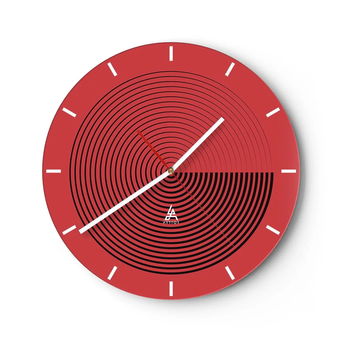 Horloge murale - Pendule murale - Fond rouge avec des cercles concentriques noirs et un contraste - 30x30cm - Mouvement circulaire - Décoration murale moderne pour le salon, la cuisine et la chambre ARTTOR