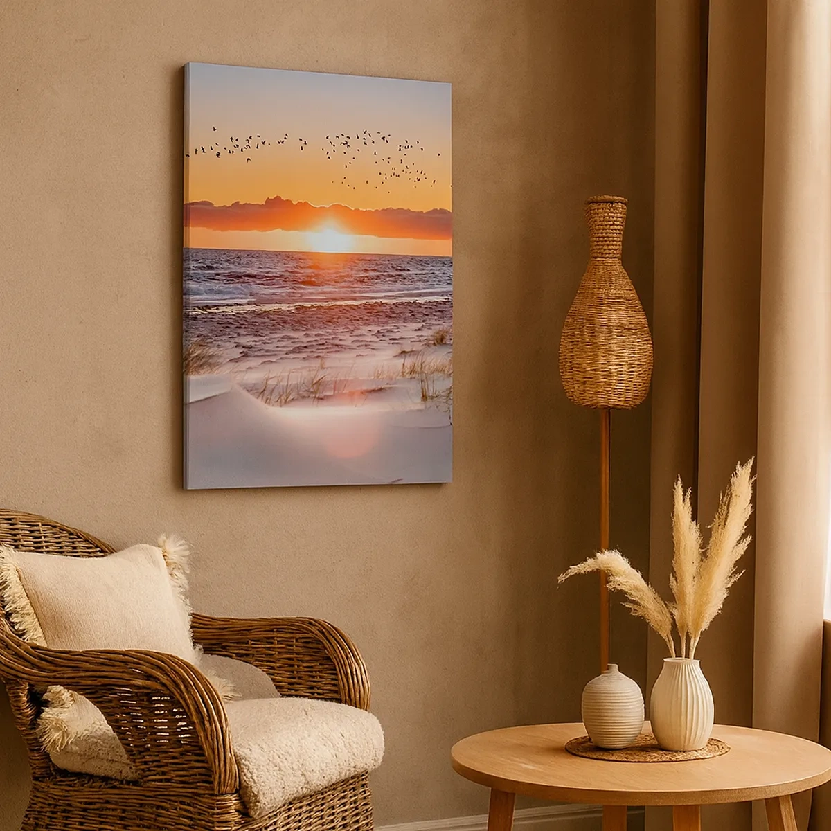 Impression sur toile - Image sur toile - Coucher de soleil sur la mer avec vue sur les dunes - 50x70cm - Paysage horizontal - Décoration murale moderne pour le salon et la chambre ARTTOR