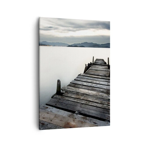 Impression sur toile - Image sur toile - Un pont en bois menant vers un lac tranquille - 50x70cm - Immergez-vous dans la paix - Décoration murale moderne pour le salon et la chambre ARTTOR
