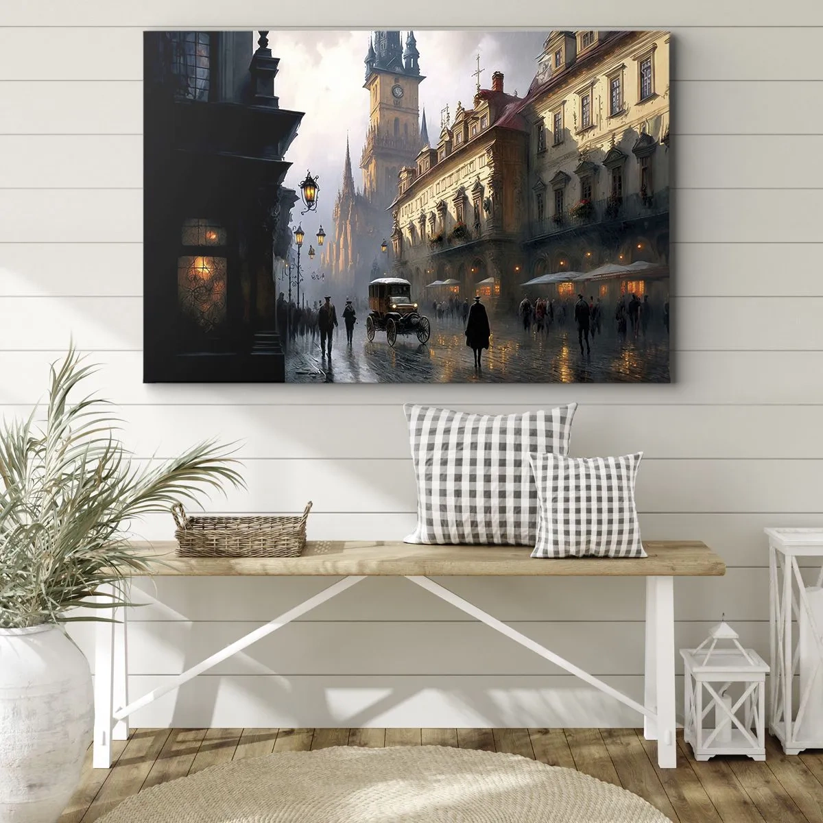 Impression sur toile - Image sur toile - Scène de rue en soirée avec une architecture historique - 100x70cm - Le charme d'une soirée pragoise - Décoration murale moderne pour le salon et la chambre ARTTOR
