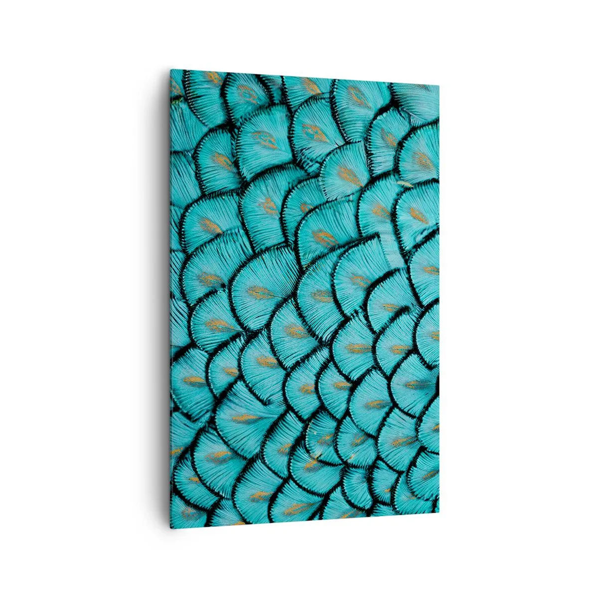 Impression sur toile - Image sur toile - Un motif ressemblant à des écailles turquoise avec des accents dorés - 80x120cm - Le grand gala des plumes - Décoration murale moderne pour le salon et la chambre ARTTOR