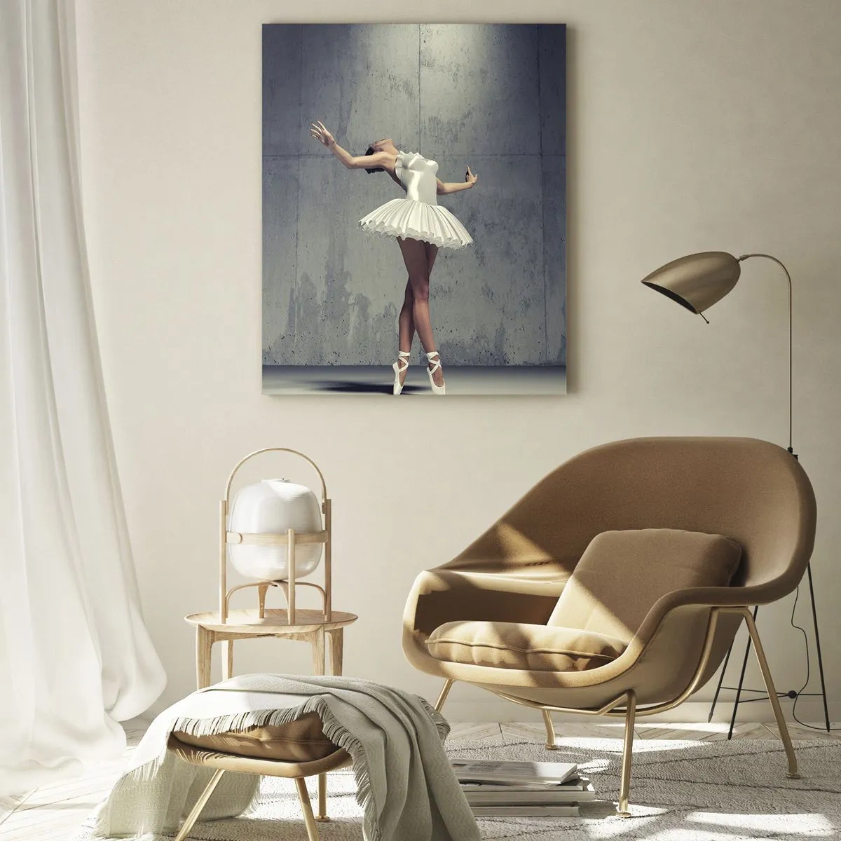 Impression sur verre - Image sur verre - Une danseuse de ballet en robe blanche contre un mur brut. - 70x100cm - Léger comme un oiseau - Décoration murale moderne pour le salon et la chambre ARTTOR
