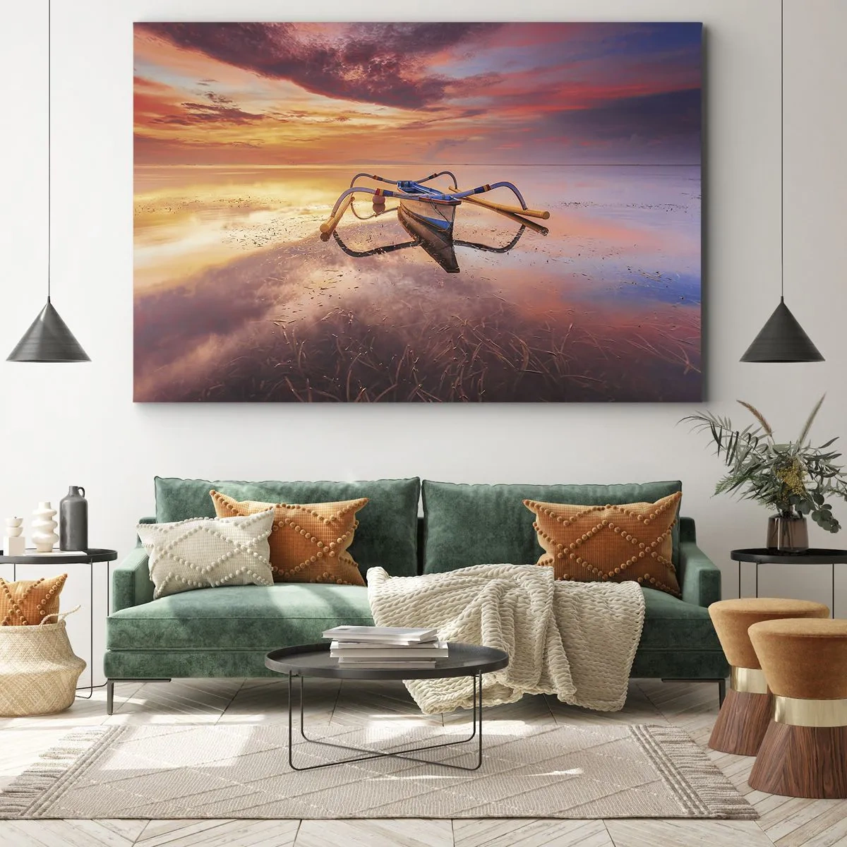 Impression sur toile - Image sur toile - Un bateau sur une eau calme au coucher du soleil - 70x50cm - Le calme d'une soirée tropicale - Décoration murale moderne pour le salon et la chambre ARTTOR