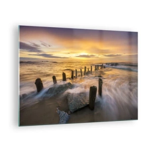 Impression sur verre - Image sur verre - Coucher de soleil sur la mer avec des pilotis en bois sur la plage - 70x50cm - La beauté brute de la mer Baltique - Décoration murale moderne pour le salon et la chambre ARTTOR