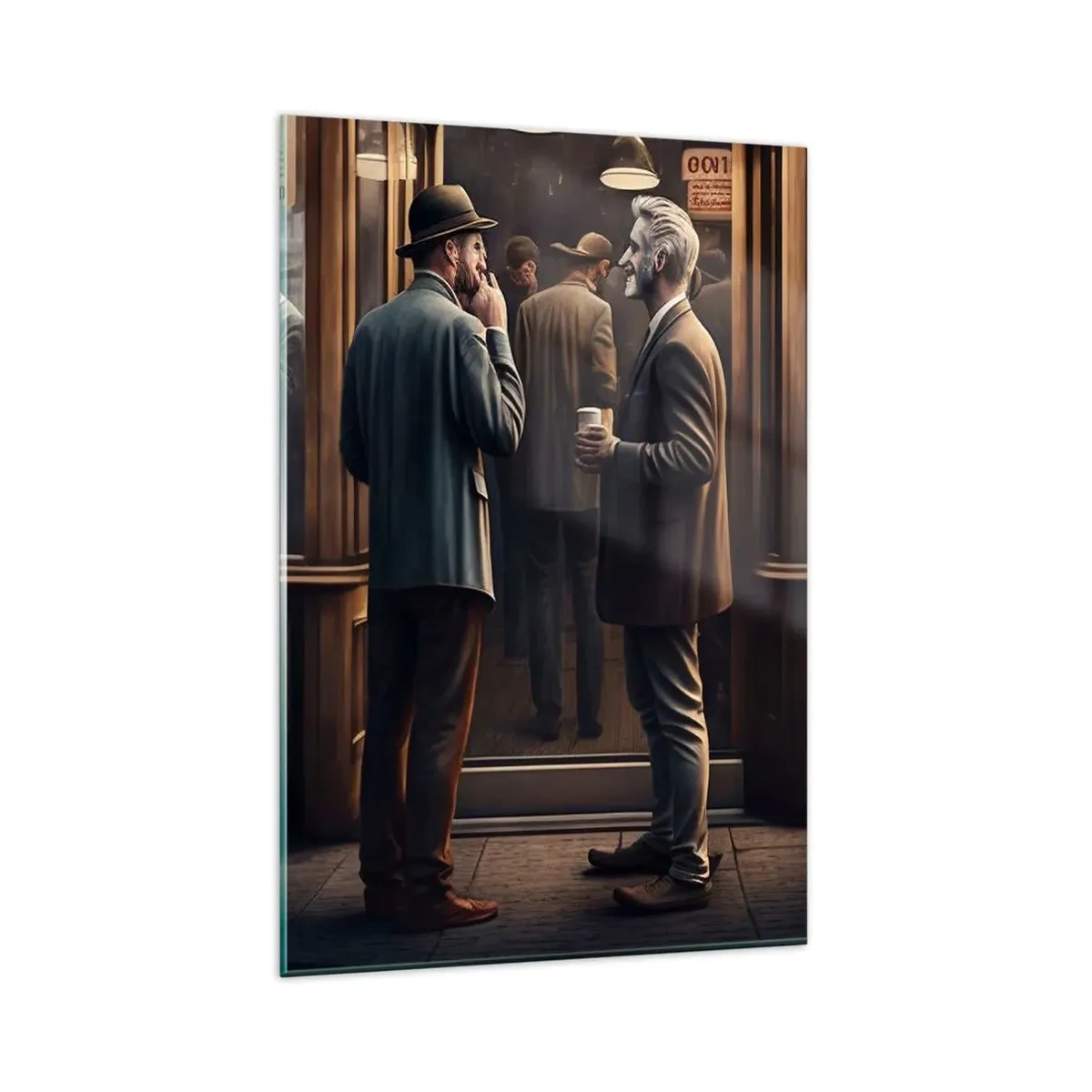 Impression sur verre - Image sur verre - Scène de rue avec des gens devant un café rétro - 80x120cm - Bon moment de la journée - Décoration murale moderne pour le salon et la chambre ARTTOR