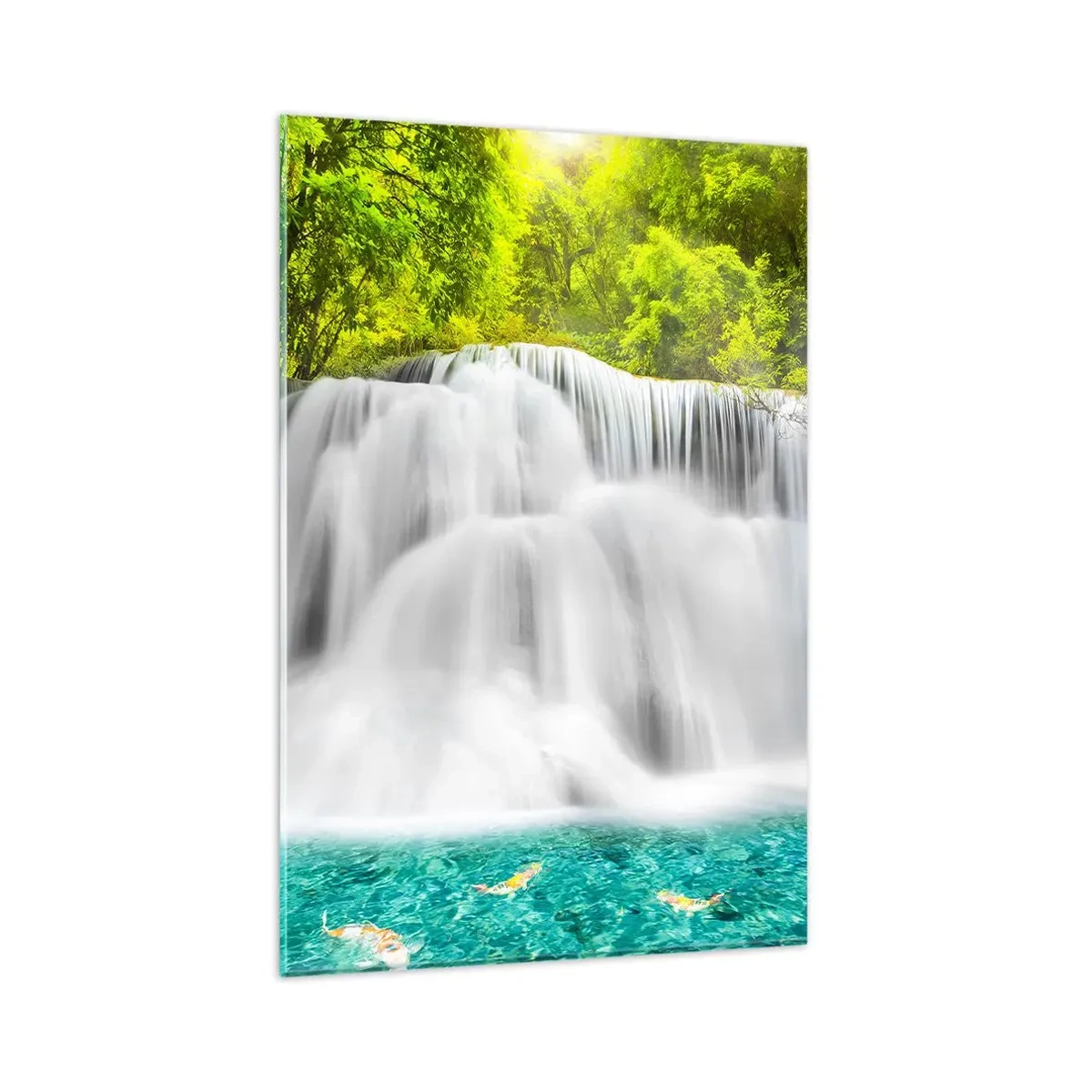 Impression sur verre - Image sur verre - Une cascade dans une forêt tropicale avec de l'eau turquoise - 80x120cm - Une cascade mousseuse du vert à l'azur - Décoration murale moderne pour le salon et la chambre ARTTOR