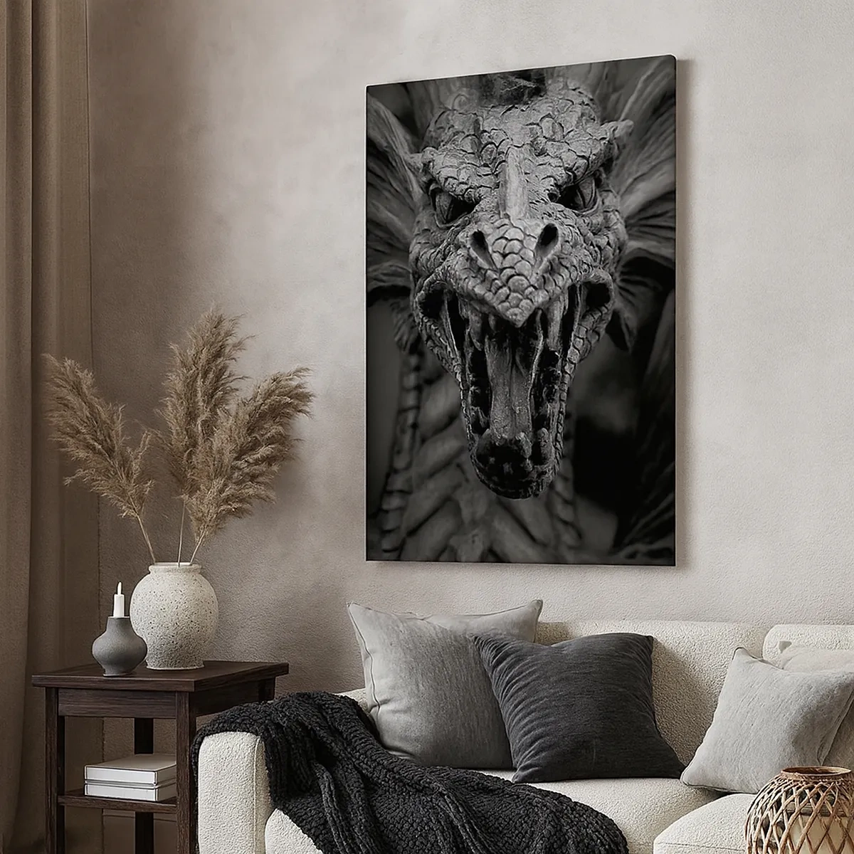 Impression sur toile - Image sur toile - Une tête de dragon menaçante en noir et blanc avec des détails expressifs. - 50x70cm - Un dragon imaginaire grisâtre - Décoration murale moderne pour le salon et la chambre ARTTOR