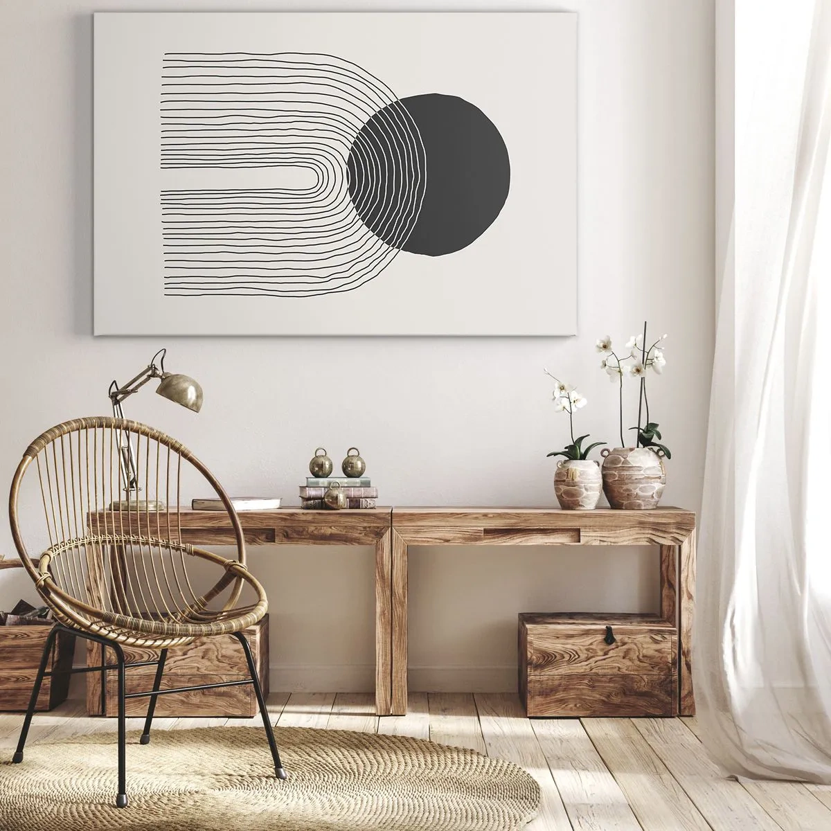 Impression sur toile - Image sur toile - Motif abstrait avec des lignes et un cercle noir sur un fond clair - 100x70cm - Tremblement et confiance - Décoration murale moderne pour le salon et la chambre ARTTOR