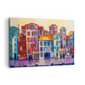 Impression sur toile - Image sur toile - Maisons colorées au bord de l'eau dans un style artistique - 100x70cm - Une ville comme dans un conte de fées - Décoration murale moderne pour le salon et la chambre ARTTOR