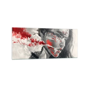 Impression sur verre - Image sur verre - Portrait artistique d'une femme aux accents rouges abstraits - 120x50cm - Dans les fumées de l'absurde - Décoration murale moderne pour le salon et la chambre ARTTOR