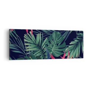 Impression sur toile - Image sur toile - Feuilles et fleurs tropicales sur fond sombre - 140x50cm - immergé dans la nature - Décoration murale moderne pour le salon et la chambre ARTTOR