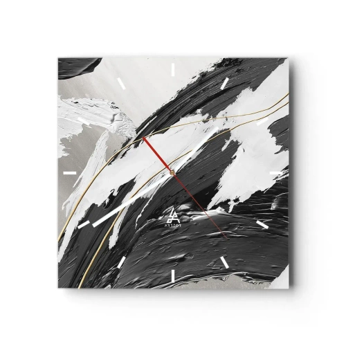 Horloge murale - Pendule murale - Coups de pinceau noirs et blancs avec une subtile touche dorée - 30x30cm - L'abstraction à grande échelle - Décoration murale moderne pour le salon et la chambre ARTTOR